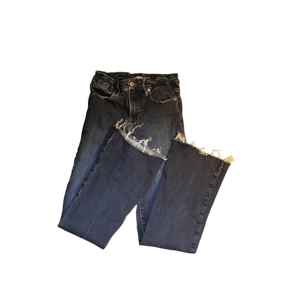 Good American Denim - Good American Distressed Raw Hem Straight Leg Jeans Dark Wash Women’s Size 6/28